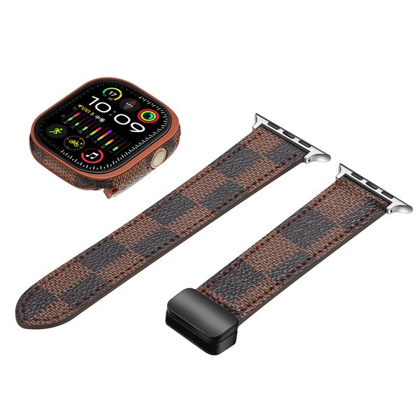 Bracelet en cuir à boucle pliante magnétique avec boîtier de montre pour Apple Watch Ultra 2 1 49 mm 45 mm 44 mm 41 mm 40 mm 42 mm Bracelet de montre iwatch Series 9 8 7 6 SE 5