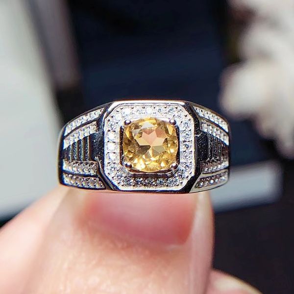 Bague en pierre précieuse pour homme, 6mm, qualité VVS, citrine naturelle, argent sterling, bijoux en cristal jaune