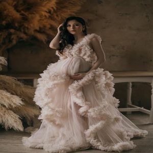 Mode Moederschap Jurk voor Poshoot of Babyshower Puffy Ruffled Tulle Lange Galajurken Plus Size Gedrapeerde Po Prop Dress232O