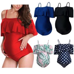 Mode zwangerschapszwemkleding uit schouder grote gegolfde eendelige bikini bloemenbladeren golfpunt bedrukt zwempak voor zwangere badmode S-3XL vakantie Essentials