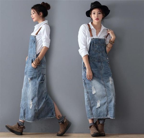 Fashion Maxi Denim Dress Summer Ladies Spenders Holeros Vestidos de jeans femeninos Femenino de talla grande Tamaño azul Jeans Vestido largo 8075 T200326737172