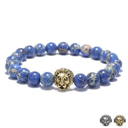 Bracelets homme 8mm bleu empereur Bracelets en pierre bleu Bracelet en argent plaqué or Bracelets en tresse tête de lion