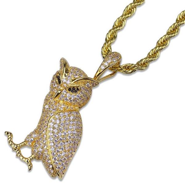 Hombres de moda 18 k chapado en oro cadena de plata búho colgante collar diseñador Iced Out Rhinestone Hip Hop Rap Rock joyería collares para 7849945