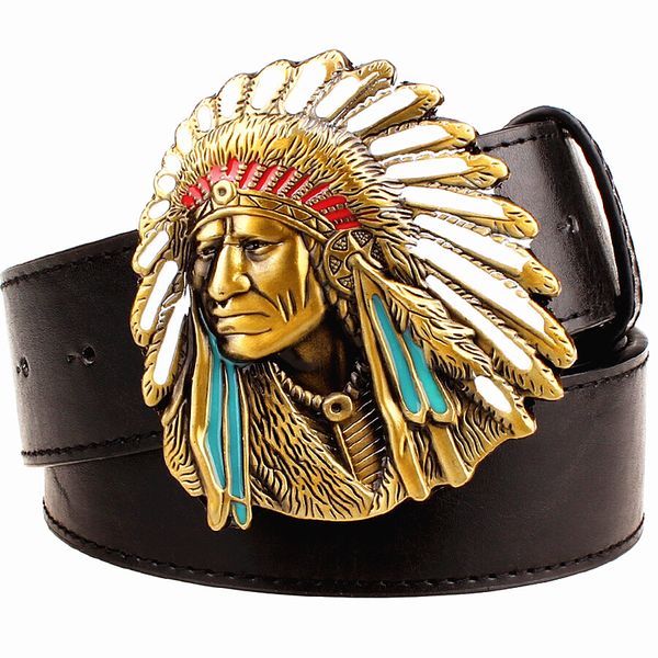 Mode hommes ceinture tête indienne boucle ceinture de cow-boy ouest pour hommes punk rock ceintures tête de chef indien ceinture en cuir pour hommes hip hop ceinture J0121