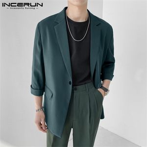 Mode Mannen Blazer Effen Kleur Revers 3/4 Mouw Een Knop Leisure Suits Mannen Streetwear Casual Dunne Jassen S-5XL INCERUN 220527