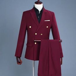 Fashion Men Boutique Slim Fit Double Breasted Color Business Man Wedding Man Suit Blazers Jacket Coat Pantal 2 PCS Set 240430