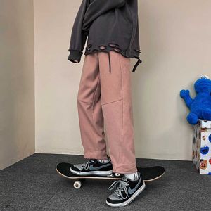 Mode mannen casual broek losse rechte enkel gestreepte broek mannelijke elastische taille trekkoord broek streetwear skateboard broek x0723
