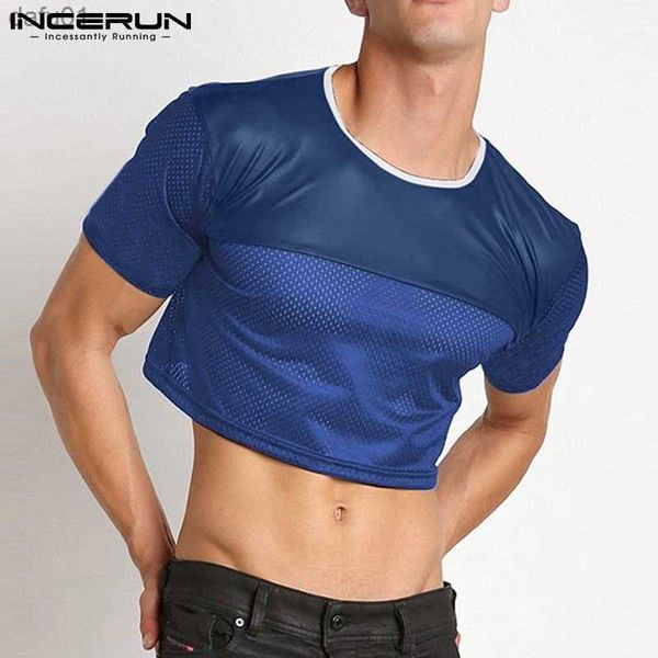 Tops cortos de moda para hombre, camisetas de manga corta transparentes de retazos, ropa de calle 2023 para fiesta, club nocturno, ropa para hombre INCERUN 5XL L230520