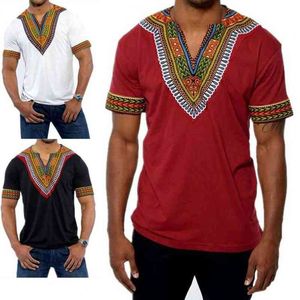 Mode Heren Dashiki T-shirt V-hals Print Tops Afrikaanse etnische korte mouw Merk T-shirts Mannen Afrikaanse kleding 2021 S-5XL Y220214