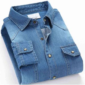 Mode Hommes Denim Chemise Mince À Manches Longues Doux 100% Coton Double Poches Mince Léger Élastique Jeans Bleu Tops Cowboy Vêtements G0105