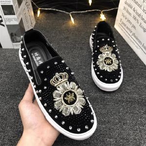 Mode hommes chaussures habillées Punk Rivet strass noir fête chaussures de mariage appartements chaussures de conduite mocassins 1AA59