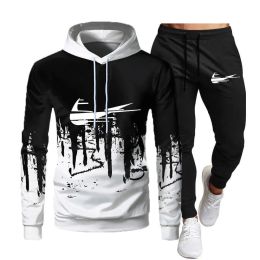 Mode hommes motif alphabet géométrique survêtement à manches longues à capuche pantalon survêtement rue style sportif décontracté course basket-ball hommes et femmes