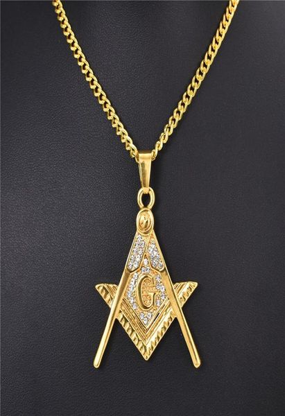 Mode Hommes Hip Hop Maçonnique Pendentif 18K Plaqué Or Collier Bijoux Pour Hommes Cristal Strass Conception Lien Chaîne Punk Colliers Pour 4366730