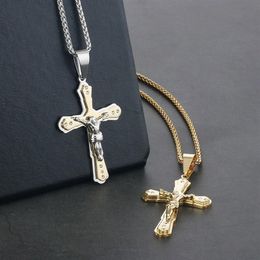 Mode hommes jésus bijoux cristal croix Crucifix pendentif colliers chaîne en acier inoxydable pour hommes couleur or collier Jewelry258I