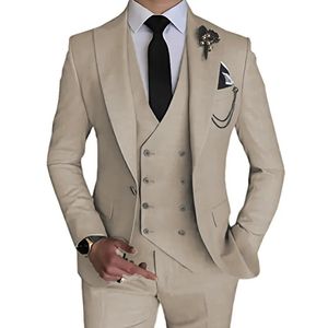 Mode Mannen Leisure Boutique Business Effen Kleur Trouwpak Jas Broek Vest 3 Stuks Set Jurk Blazers Jas Broek 240318