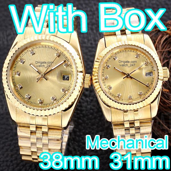 Mode hommes montre de luxe pour couples montres mécaniques montre en or femmes designer cristal 31mm 38mm montres saphir lumineux étanche pour les amoureux relojmujer