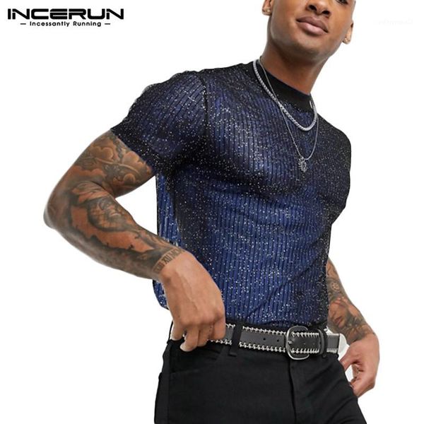 Camisetas para hombres Moda Hombres Malla Camiseta Manga corta Slim Brillante Transparente Fiesta Discoteca Sexy Thin 2021 Camiseta transpirable INCERUN1