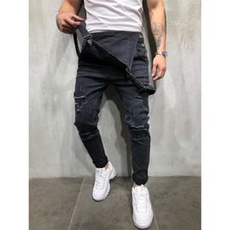 Mode Men Pants gescheurde jeans overall jumpsuits hi straat noodlijdende denim slabbibels voor man Suspender broek maat S-XXXL 240411