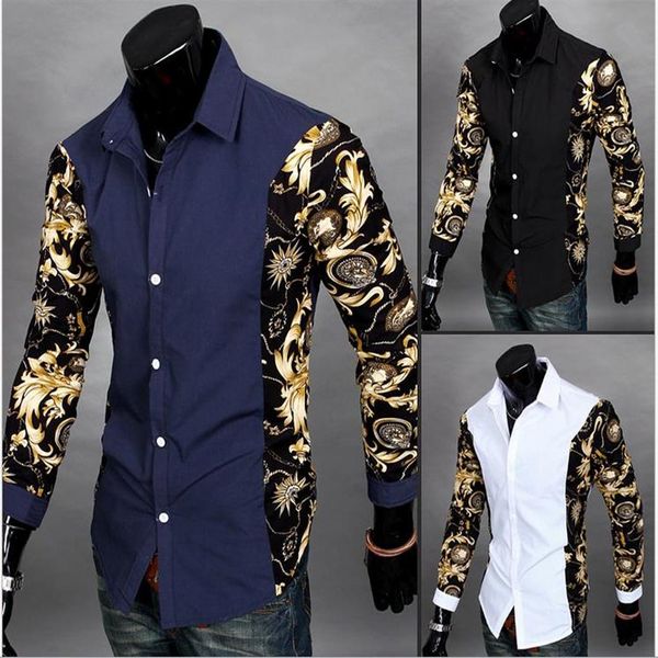 Moda-Hombres Parte Imprimir Diseño de patrón floral Cuello vuelto Manga larga Patchwork Hombres Camisa de vestir 285B