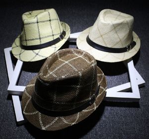 Mode mannen plaid stro jazz hoed met lederen riem bowler rand fedora hoeden zomer strand stijlvolle panama caps zon bescherming