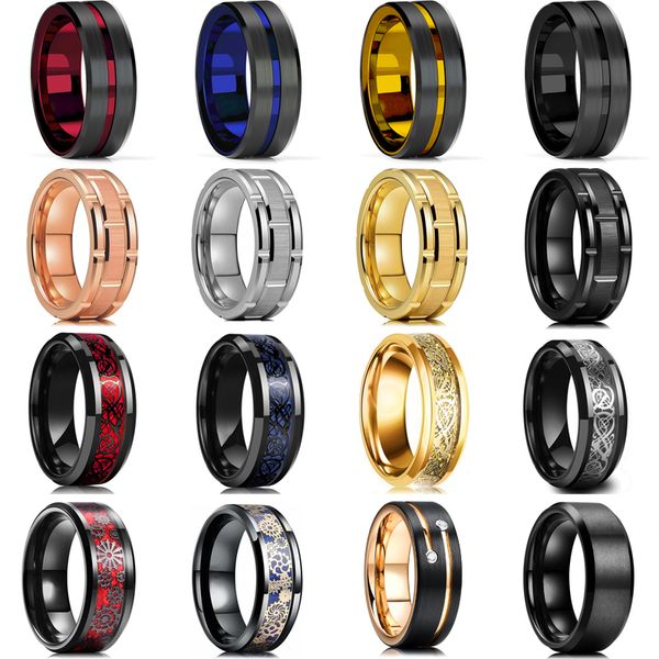 Fashion Men S 8 mm Gold Groove bord biseauté Black Tungsten Wedding Carbone Fibre Ring Punk Gear Wheel Acier inoxydable pour les hommes 220719