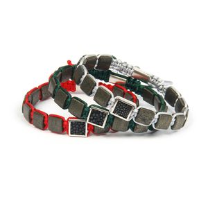 Joyería Banle para hombre de moda Pulsera cuadrada de cuero de raya genuina con pulseras de cuentas cuadradas de piedra de pirita natural de 8x8 mm para regalo de vacaciones