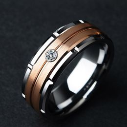 Mode hommes biseauté acier anneaux couleur or Rose brossé incrustation Zircon anneau hommes mariage bande bijoux cadeau