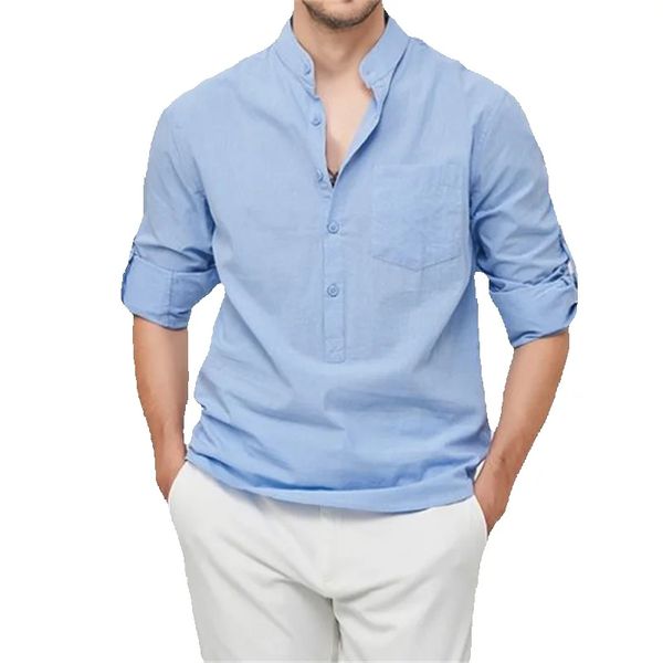 Mode hommes chemises décontractées été pur coton hauts col montant à manches longues pull Henry chemise hommes vêtements de cérémonie XXXL blanc bleu Men Shirts