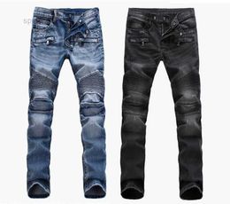 Mode Hommes # 039; s Commerce Extérieur Bleu Clair Noir Jeans Pantalon Moto Biker Hommes Lavage à Faire Vieux Pli Pantalon Casual Piste Denim YT0F