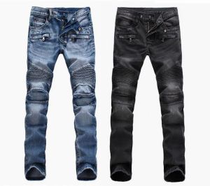 Mode Heren buitenlandse handel lichtblauw zwarte jeans broek motorfiets biker mannen wassen om de oude vouw mannen te doen Broek Casual Runway Denim