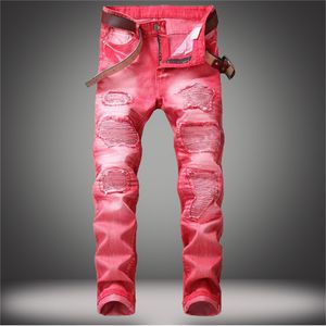 Mode heren buitenlandse handel lichtblauw zwarte jeans broek motorfiets motorrijder heren wassen om de oude vouw heren broek Casual Runway Denim te doen