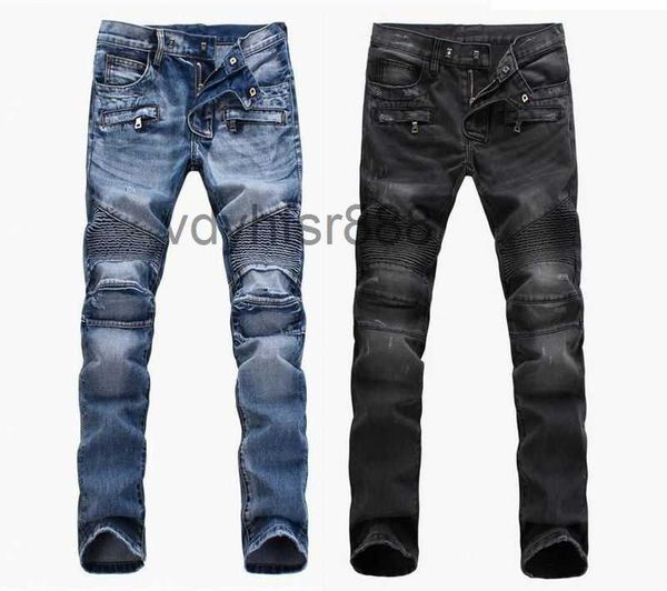 Moda para hombre Comercio exterior Azul claro Pantalones vaqueros negros Motocicleta Biker Hombres Lavado para hacer los viejos pantalones plegables Casual Runway L11X