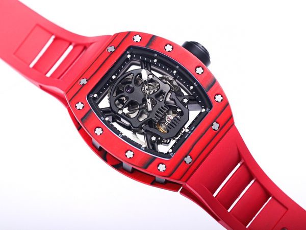 Type de baril de montre mécanique pour hommes de mode 50/43 / 16mm cadran rouge mouvement avancé chaîne automatique bracelet en caoutchouc de loisirs montre de crâne super luxe