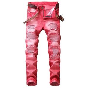 Mode Heren Motorbike Jeans Denim Broek Cool Tieners Jeugd Jongens Gewassen Gaten Geplooide Mannelijke Rechte Broek 29-42195B