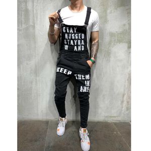 Mode heren gescheurde brief gedrukte jeans jumpsuits hi straat noodlijdende denim bib overalls voor man jarretelle broek maat S-XXL X0621