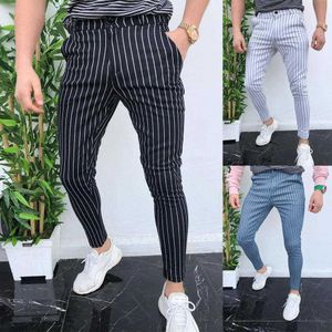 Moda para hombre Slim Fit Stripe Business Formal Pantalones Casual Office Skinny Long Straight Joggers Pantalones de chándal Y0811