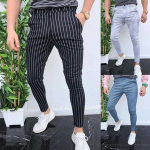 Mode heren slim fit streep bedrijf formele broek casual office skinny lange rechte joggers zweetbroek broek y0811