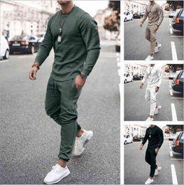 Mode herenpakken 2021 herfst heren ronde hals effen kleur lange mouw trekkoord broek outfit casual sporten suits slim fit G1222
