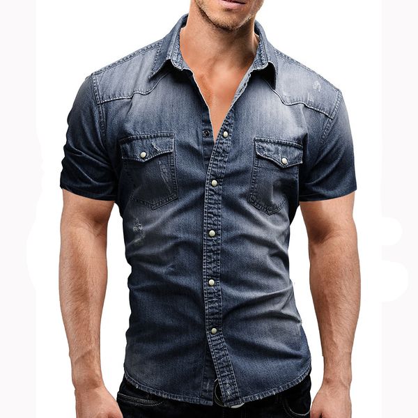 Chemises en jean d'été pour hommes, chemises décontractées, couleur unie, commerce extérieur, denim, manches courtes, chemisier de grande taille