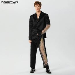 Fashion Men establece el bordado de malla de malla solapa de manga larga pantalones blazer 2pcs trajes casuales s5xl incerun 240312