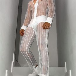 Conjuntos de moda para hombre, camisa de manga larga con solapa Sexy transparente de retazos de malla, pantalones, ropa de calle, trajes de hombre de dos piezas INCERUN 220609