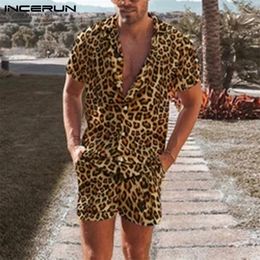 Mode hommes ensembles Streetwear imprimé léopard à manches courtes chemise à revers Shorts de plage costumes hawaïens 2 pièces grande taille INCERUN 220621