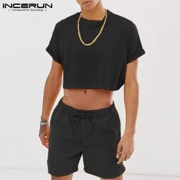 Mode Hommes Ensembles Streetwear Couleur Unie À Manches Courtes Crop Tops Cordon Shorts Hommes Costumes Décontractés Deux Pièces INCERUN S5XL 220602