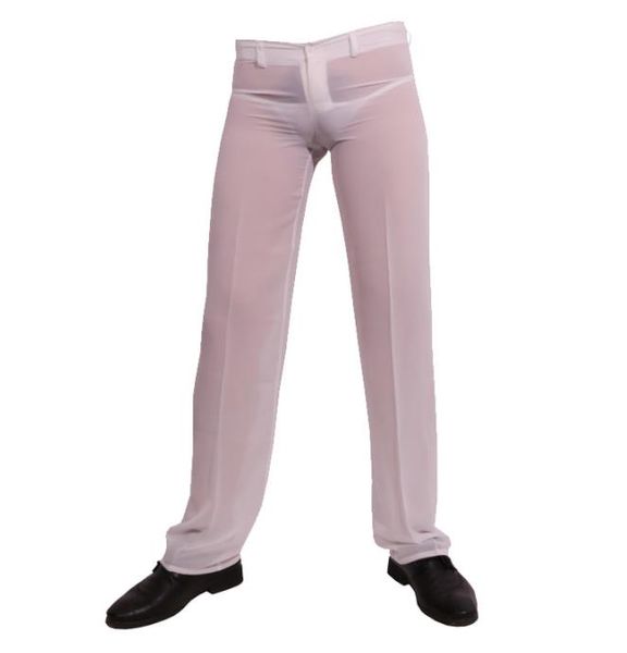Fashion-Men Sexy Pantalon Transparent Long Mousseline de Soie Ultra-mince Perspective Casual Élégant Été Noir Blanc
