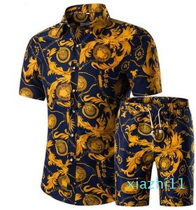 Moda-Hombre Camisas + Pantalones cortos Conjunto Nuevo Verano Casual Impreso Camisa hawaiana Homme Corto Hombre Estampado Conjuntos Tallas grandes