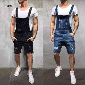 Mode Mannen Korte Ripped Jeans Jumpsuits Shorts Distressed Denim Bib Overalls Mens Casual Jarretel Pant Male 210716