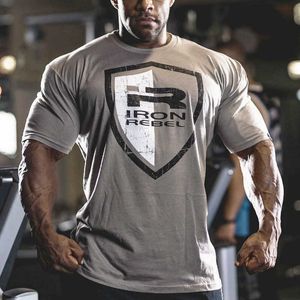 Mode Mannen Korte Mouw T-shirt Bodybuilding Training Elasticiteit Fitness Gym 100% Katoen T-shirt 210629