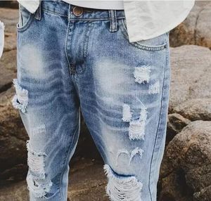Mode hommes coupe ajustée déchiré Streetwear hommes en détresse Denim Joggers genoux trous lavé détruit jean grande taille MNZK01 RF