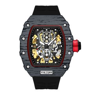 Reloj automático deportivo a la moda para hombre, movimiento mecánico, correa de goma, estilo lujoso, esfera hueca, reloj de pulsera de regalo 6E1B