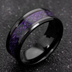 Mode Hommes En Acier Inoxydable Dragon Anneau Incrustation Violet Noir En Fiber De Carbone Anneaux De Mariage Bande Bijoux 8 MM